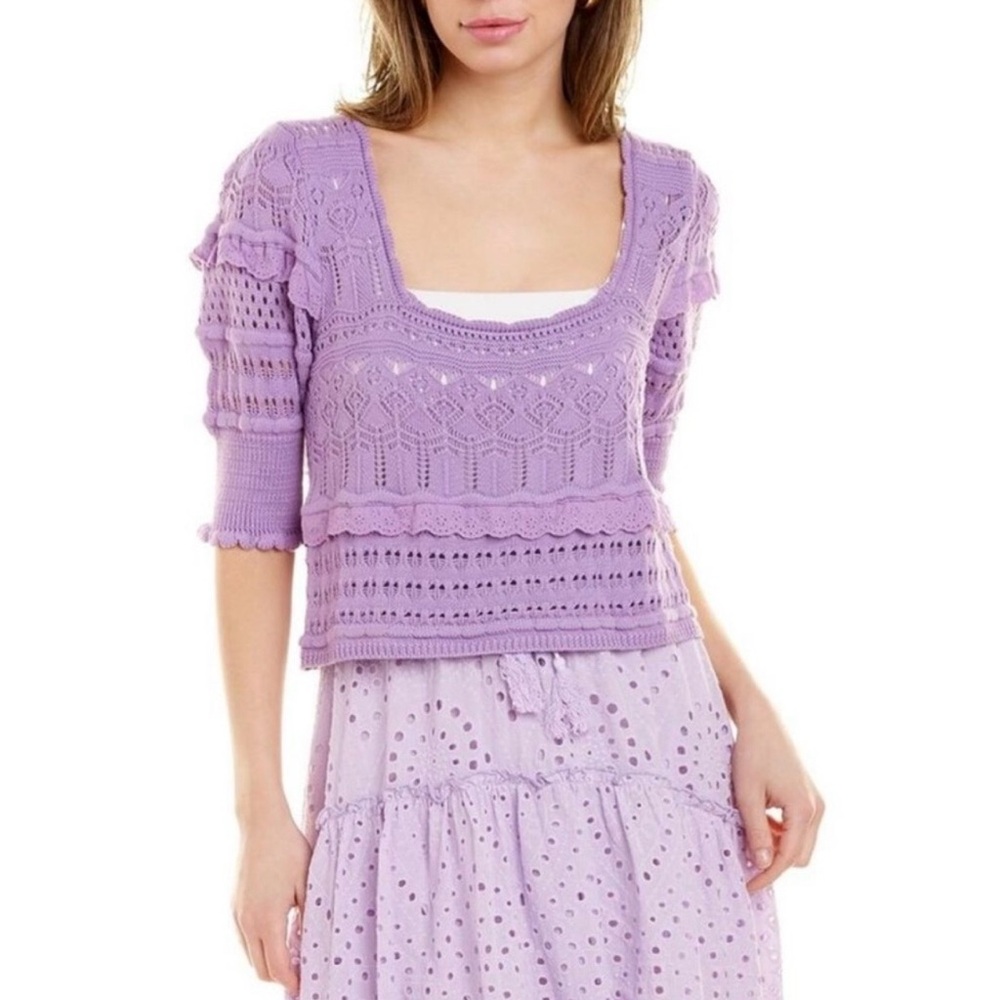 Zara Pointelle Lavender Knit Crochet Puff Sleeve Square Neck Sweater Top Sz LRG